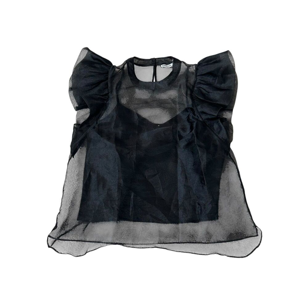 Jonathan Simkhai Corina Organza Ruffle Sleeve Crew Neck Top Size M